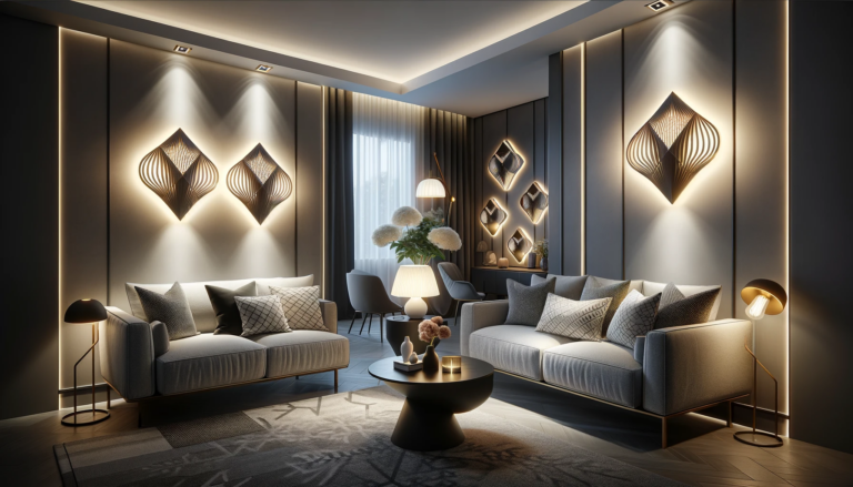 A modern and stylish home interior featuring LED decorative wall lamps. The scene showcases a cozy living room with sleek, contemporary furniture.